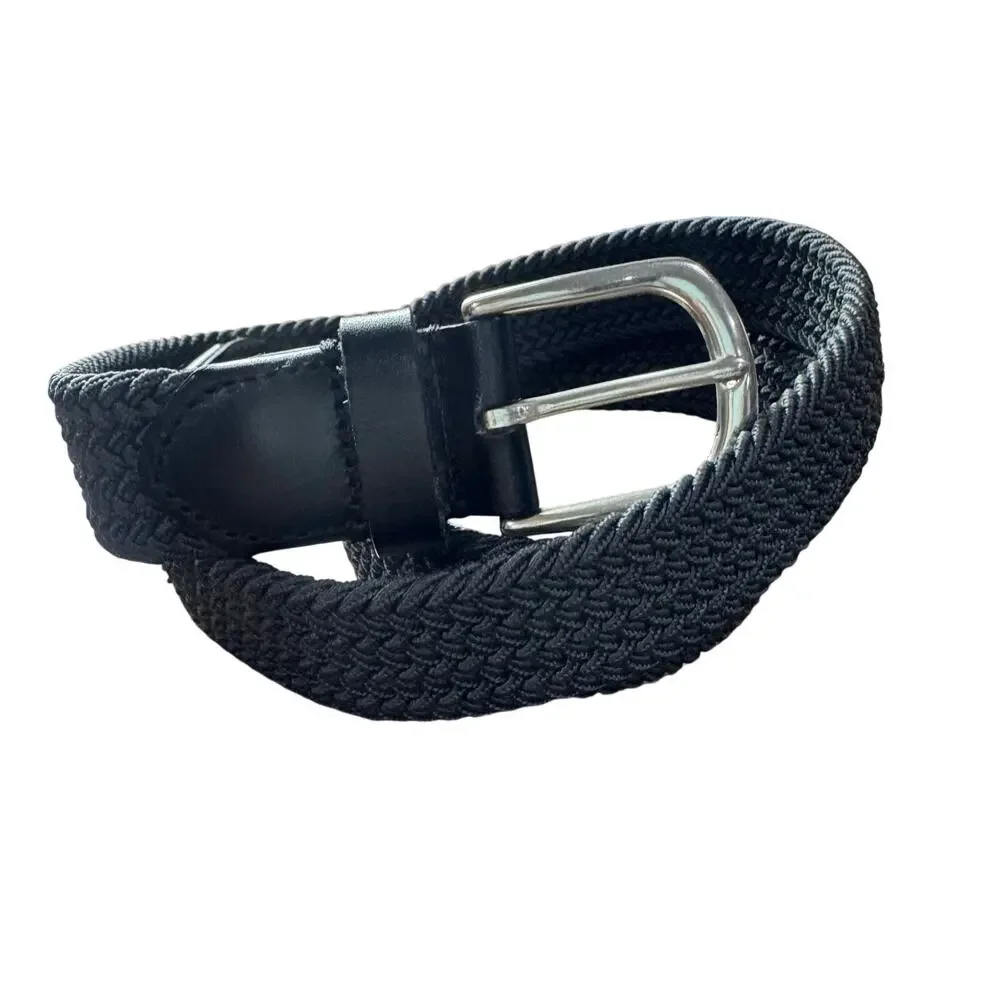 J. Crew Woven Elasticated Italian Leather Belt Adjustable Strap Black Size L NWT